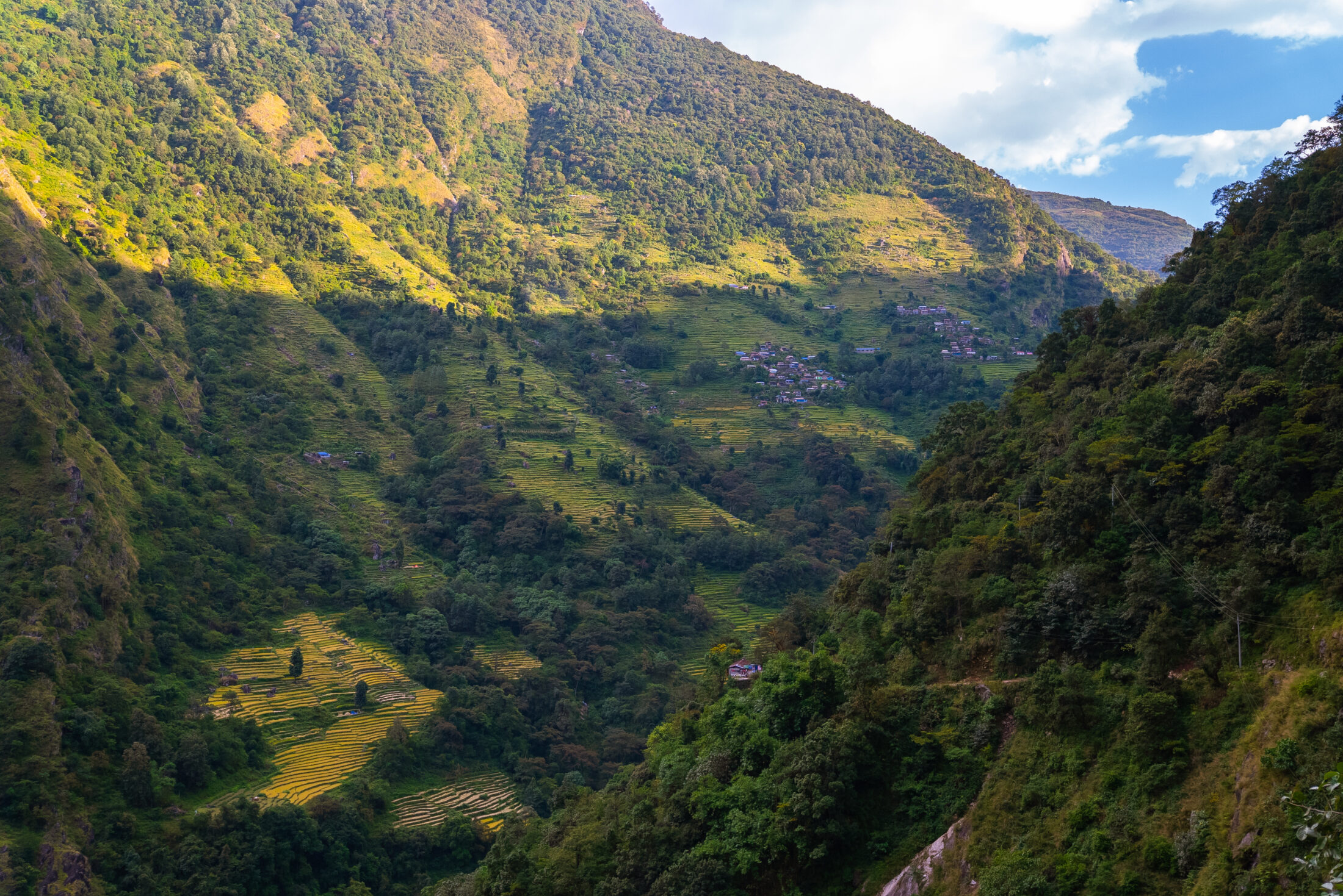 Farm terraces in the himalayan moutains and valleys on the Annapurna Circuit Trek, Nepal