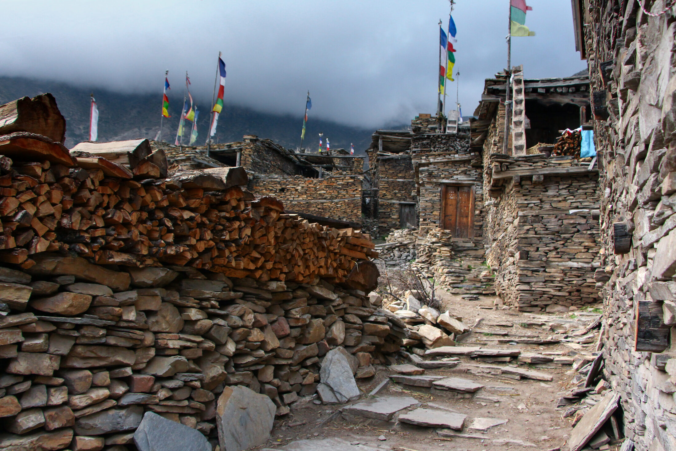 Streets of an ancient looking Ghyaru village in Manang District in the Gandaki zone of Annapurna Conservation area in Himalayas
